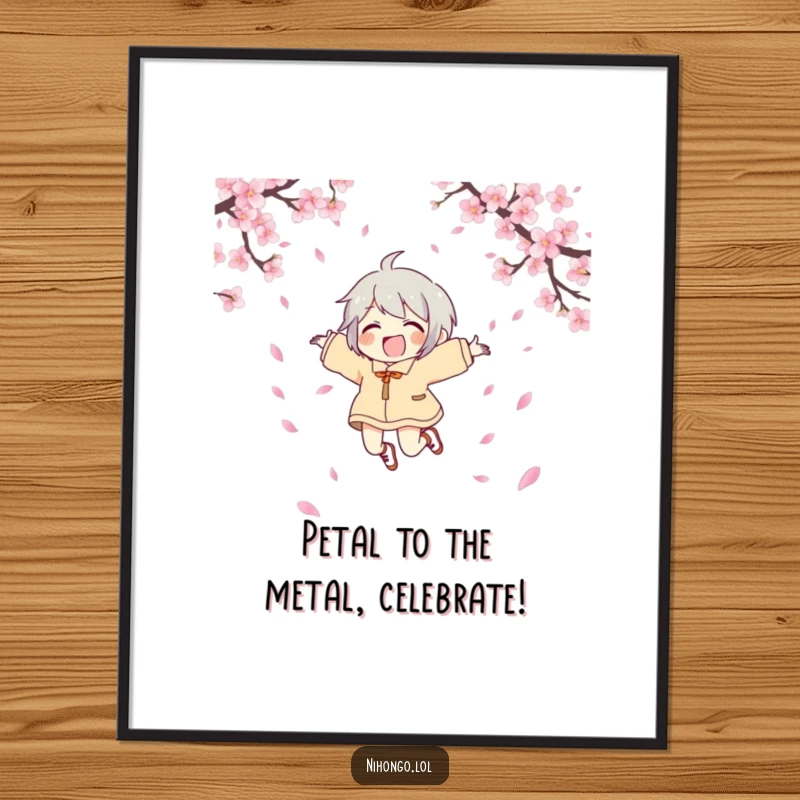 Funny Free Printable Wall Art: Character leaping with joy, surrounded by falling cherry blossom petals