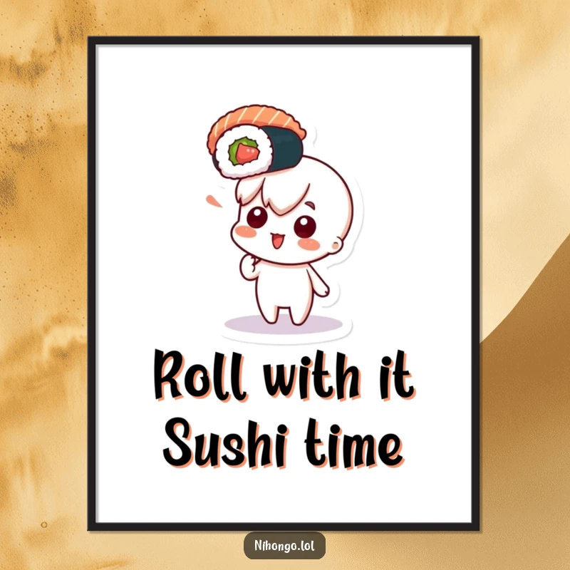 Funny Free Printable Wall Art of a character pointing with wide-eyed excitement at a perfectly floating sushi roll, ready to devour.