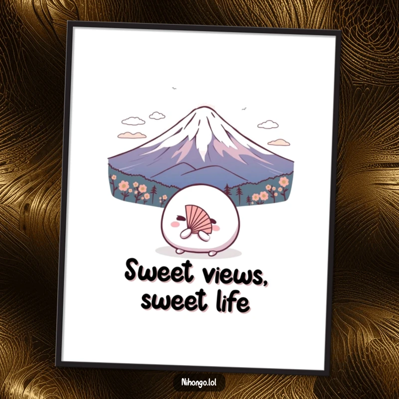 Funny free printable wall art: A shy mochi ball wearing a tiny fan bows deeply to the majestic Mount Fuji.