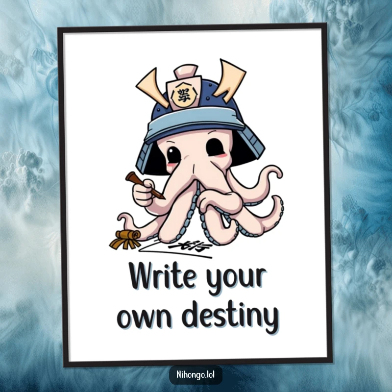 Funny free printable wall art: A determined octopus wearing a samurai helmet practicing calligraphy with its many tentacles.