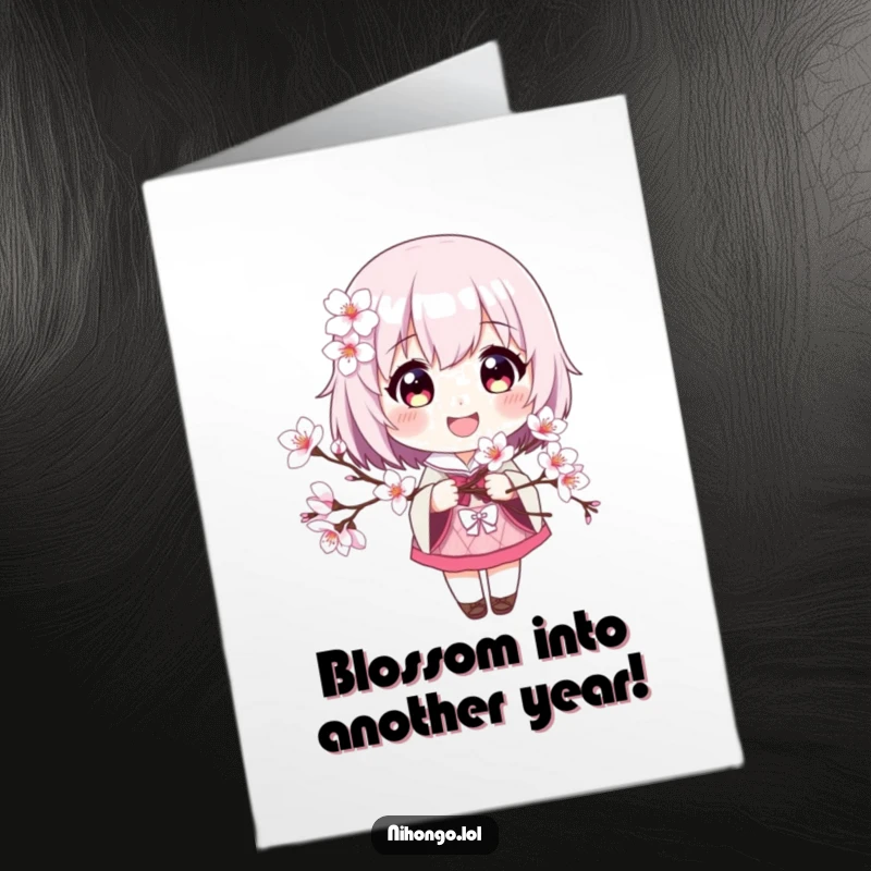 Funny Free Printable Birthday Card featuring a smiling character holding a blooming cherry blossom branch, joyful and elegant.