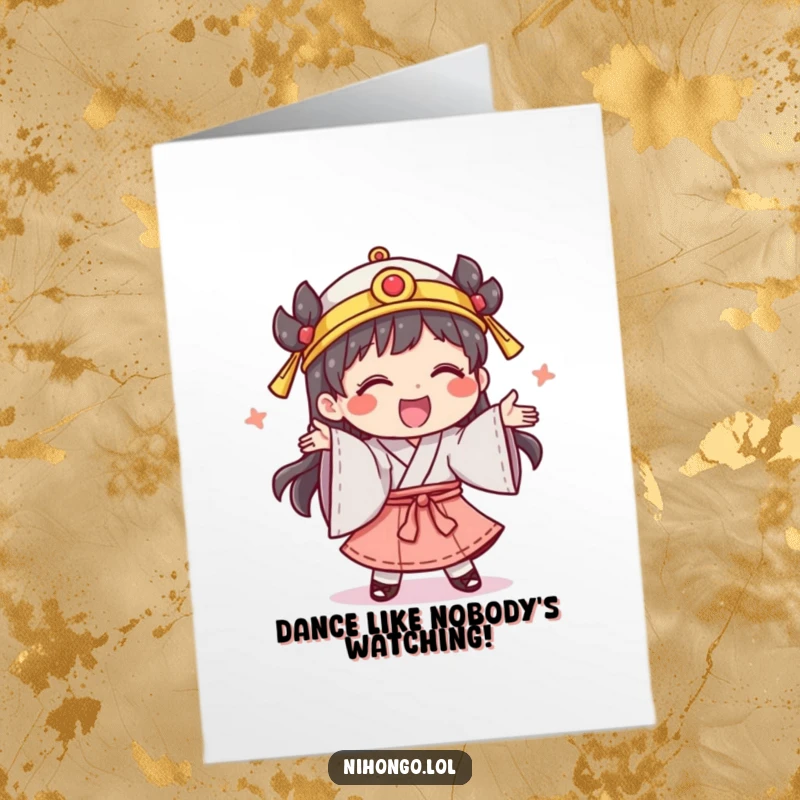 Funny Free Printable Birthday Card: Giggling character in traditional clothing performing a silly dance, a joyful celebration.