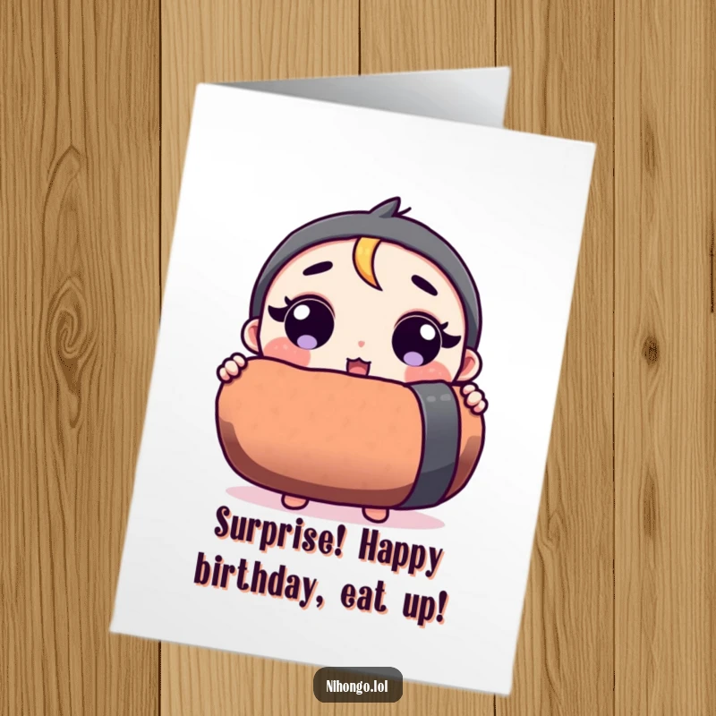 Funny Free Printable Birthday Card: A cartoon character's eyes are wide with shock while holding an enormous sushi roll. DIY gift.