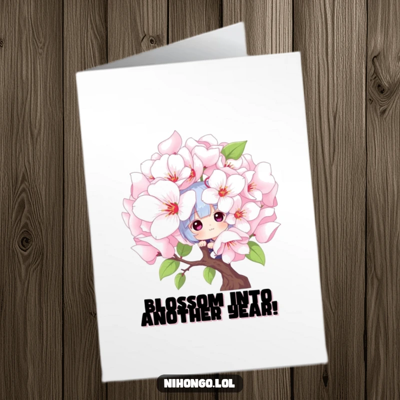 Funny Free Printable Birthday Card: Character peeking from giant cherry blossom, a sweet and humorous downloadable greeting.