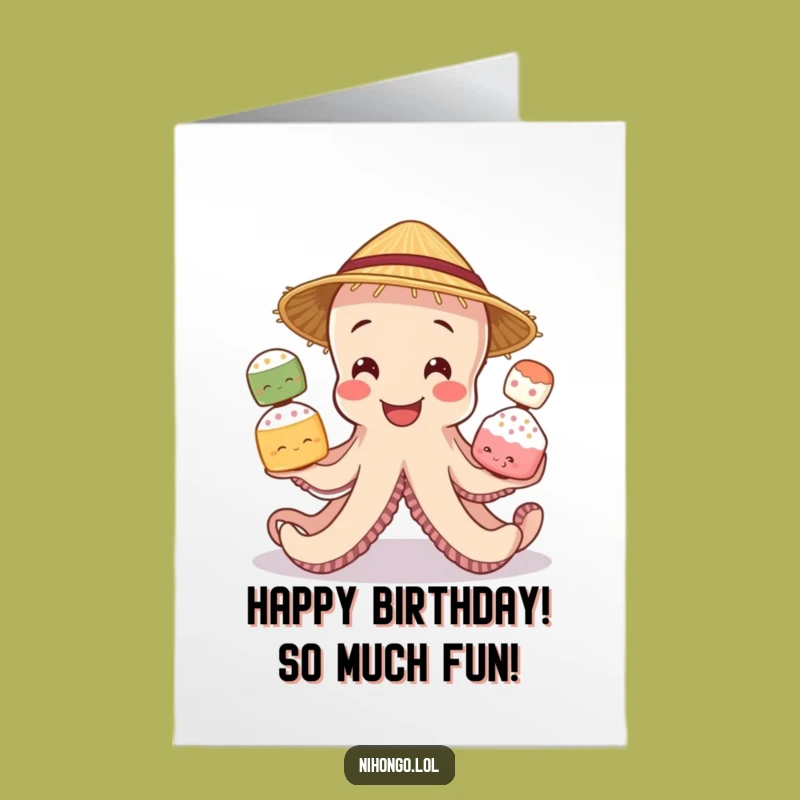 Free Printable Funny Birthday Card: Octopus Mochi Juggler, Downloadable Fun Gift