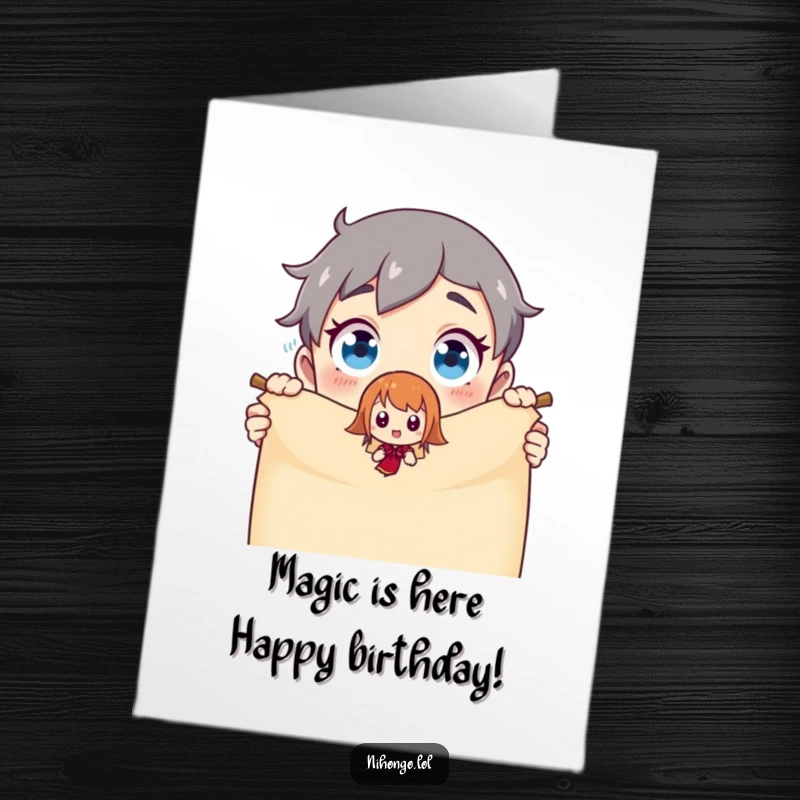 Funny Free Printable Birthday Card: Wide-eyed character shocked by tiny animated figure emerging from a magical scroll.