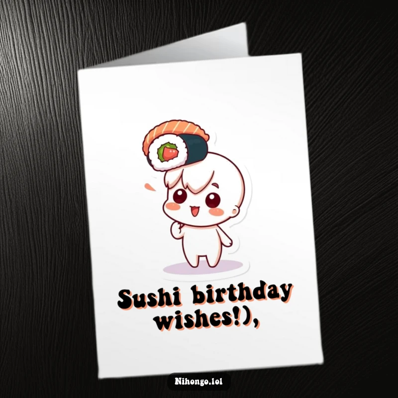 Funny Free Printable Birthday Card featuring a character pointing excitedly at a floating sushi roll, eager to feast.
