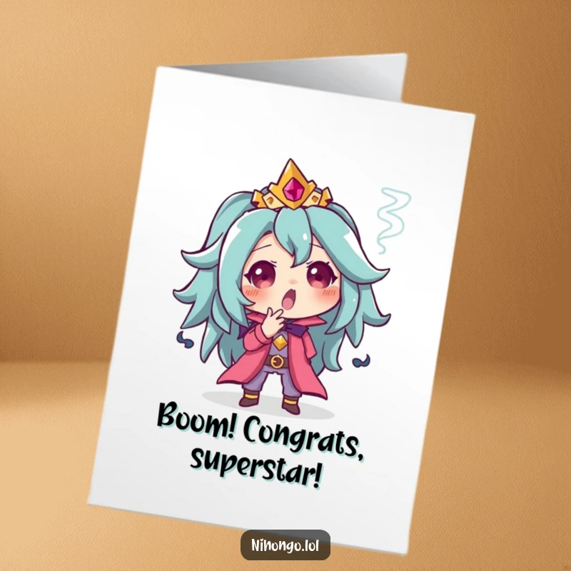 Funny Free Printable Congratulations Card: Character looking surprised as a puff of smoke appears, celebrating an unexpected win.