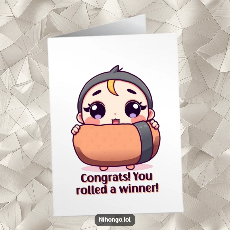 Funny Free Printable Congratulations Card: Wide-eyed cartoon character stunned by a comically large sushi roll. Great DIY gift.