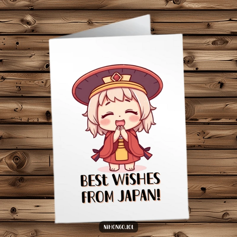 Funny Free Printable Congrats Card: Cute character in Japanese hat bowing deeply in celebration, perfect for a downloadable greeting.