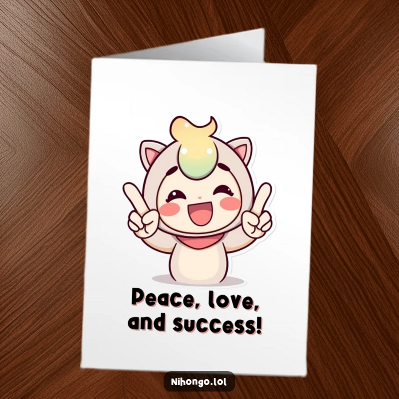 Free Printable Congratulations Card with a joyful character making a peace sign, ideal for celebrating wins.