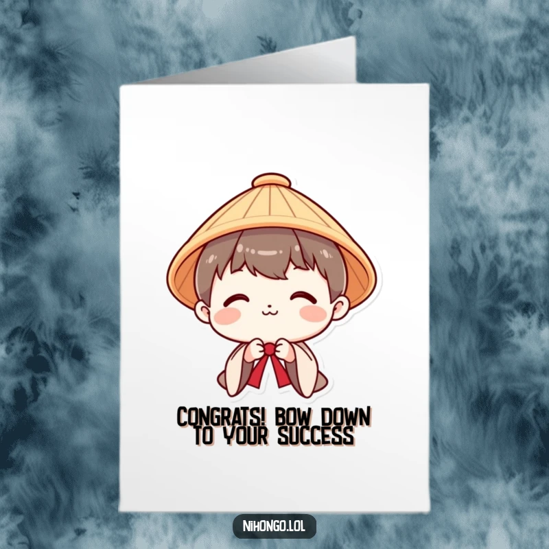 Funny Free Printable Congrats Card: A smiling person in a Japanese hat offers a polite, graceful bow.