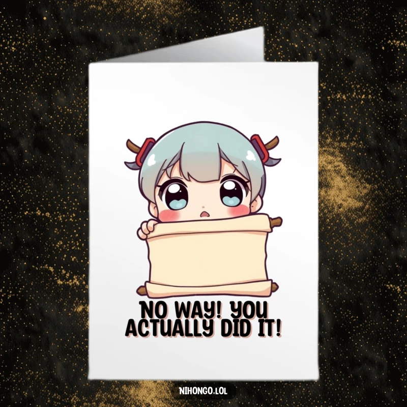 Funny Free Printable Congrats Card: Character with wide, surprised eyes staring at an unrolled scroll, perfect for unexpected good news, printable.