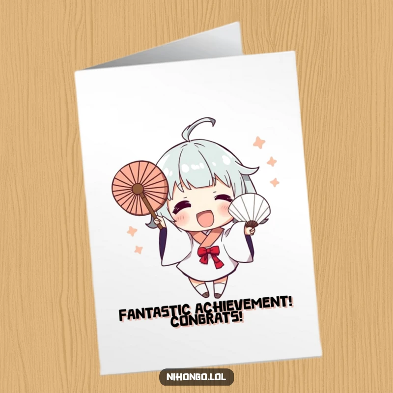 Funny Free Printable Congratulations Card: Character enthusiastically waves a fan featuring dynamic, artistic brush strokes.