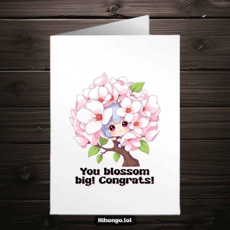 Funny Free Printable Congratulations Card: Character peeking from giant cherry blossom, a delightful and humorous downloadable greeting.