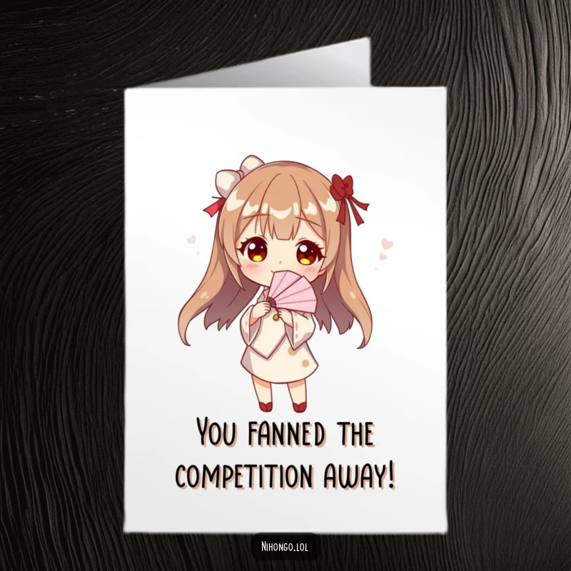 Free Printable Congratulations Card: A character poses elegantly, holding a paper fan to celebrate successes.