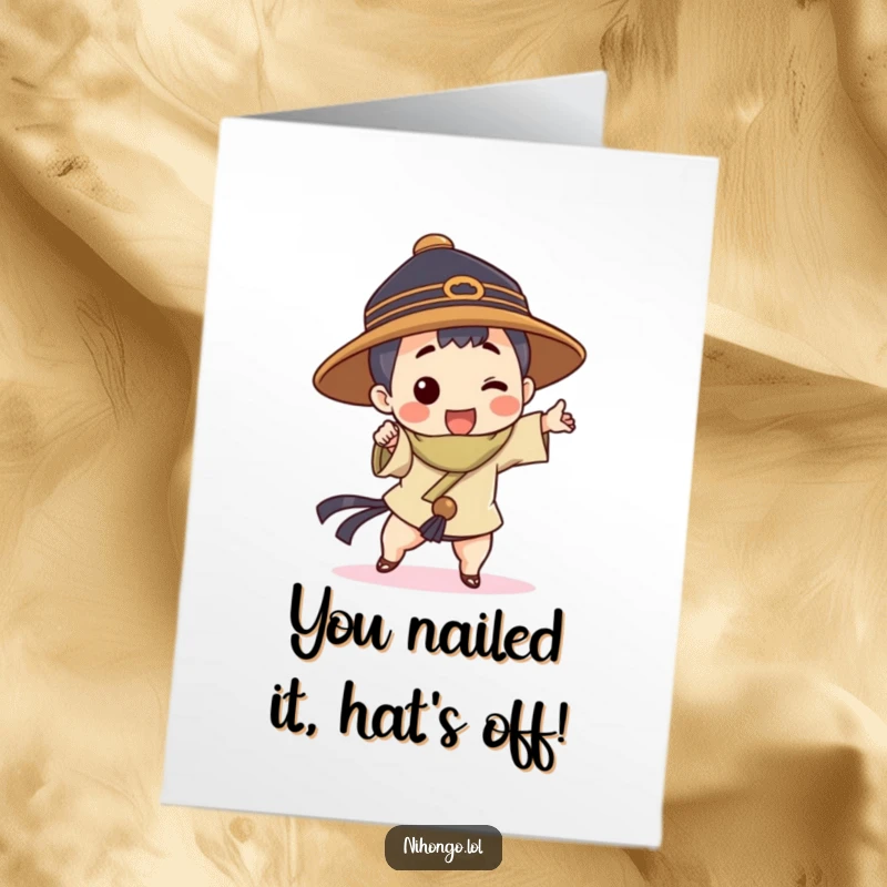 Funny Free Printable Congrats Card: Character wearing a traditional hat performs a fun, dynamic pose, exuding confidence.