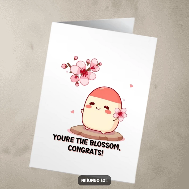 Funny Free Printable congratulations card showing a red bean bun nervously offering flowers to a cherry blossom, symbolizing new growth.