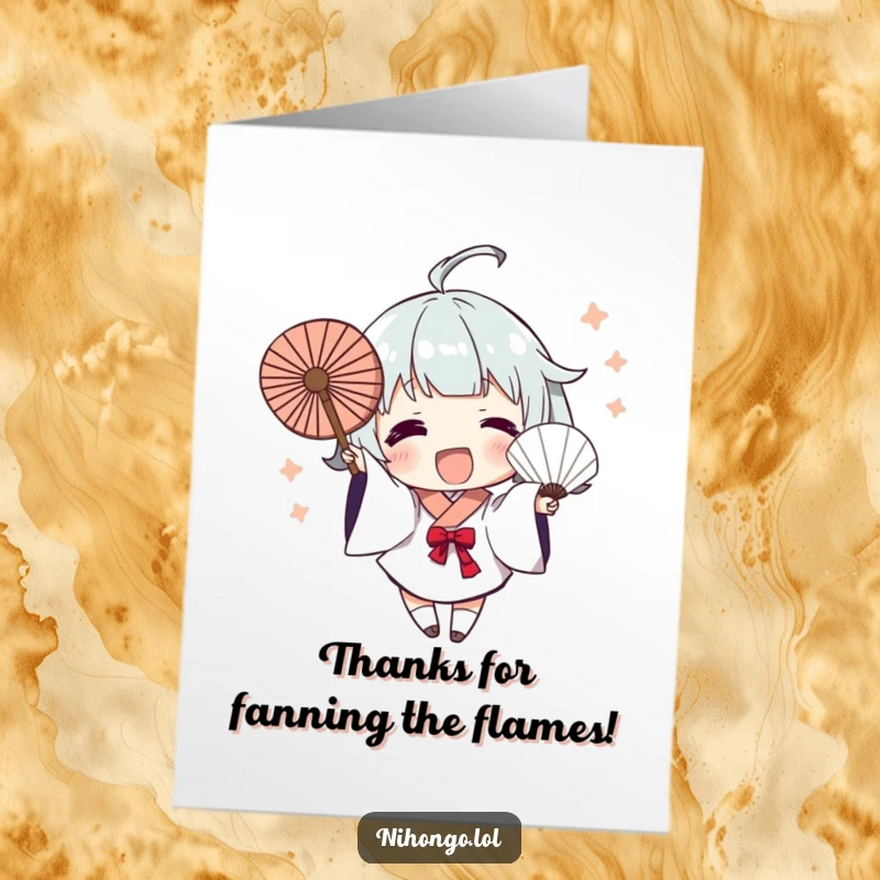 Funny Free Printable Thank You Card: Character excitedly waves a fan adorned with vibrant, dynamic brush strokes.