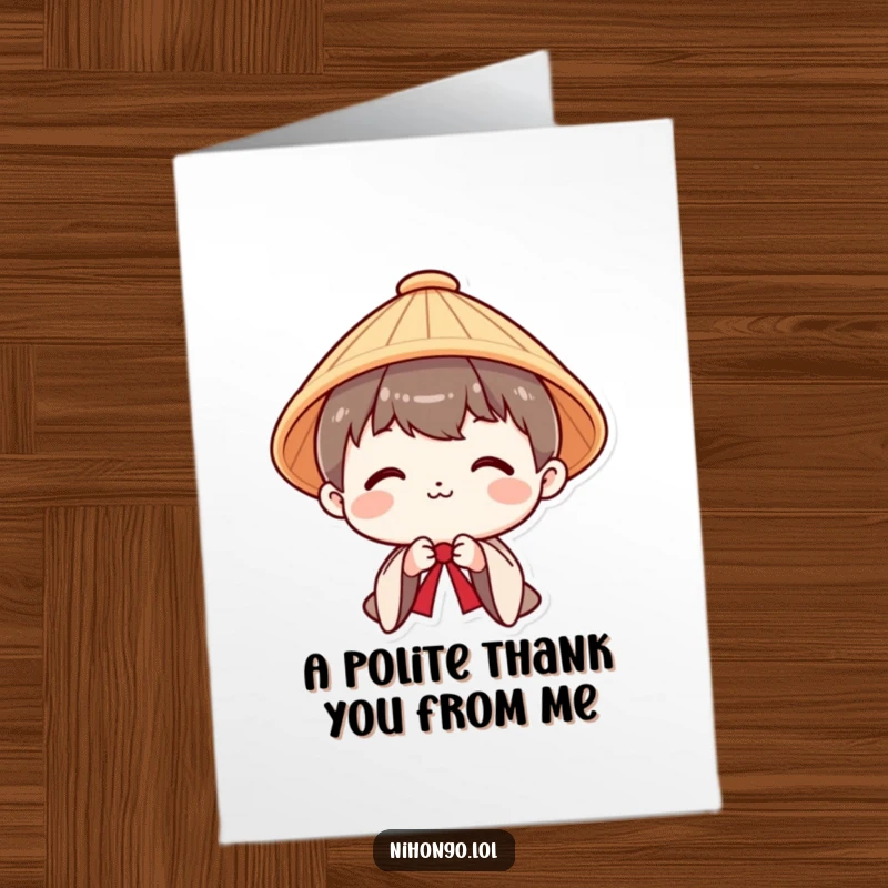 Funny Free Printable Thank You Card: Character in a Japanese hat smiles and bows politely, offering sincere thanks.
