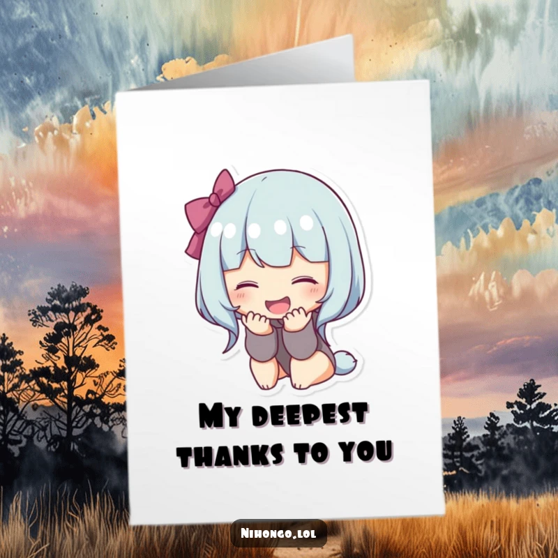 Funny Free Printable Thank You Card: A character bows deeply, showing a wide, happy smile to express sincere gratitude.