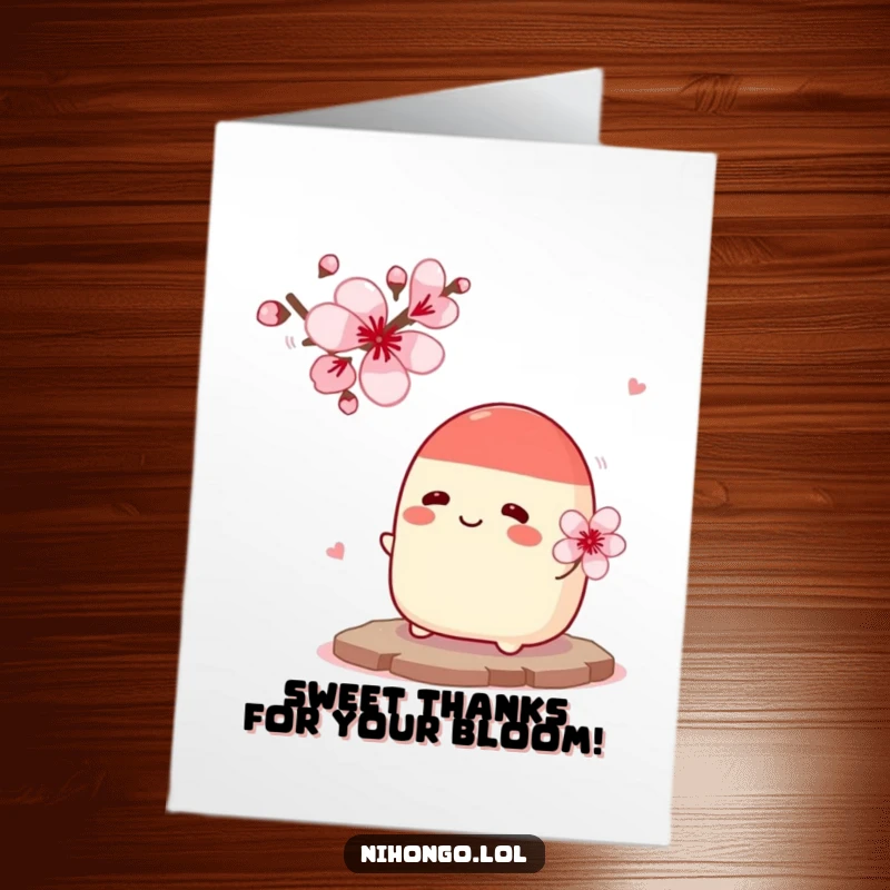 Funny Free Printable thank you card of a red bean bun nervously offering flowers to a cherry blossom, expressing shy gratitude.