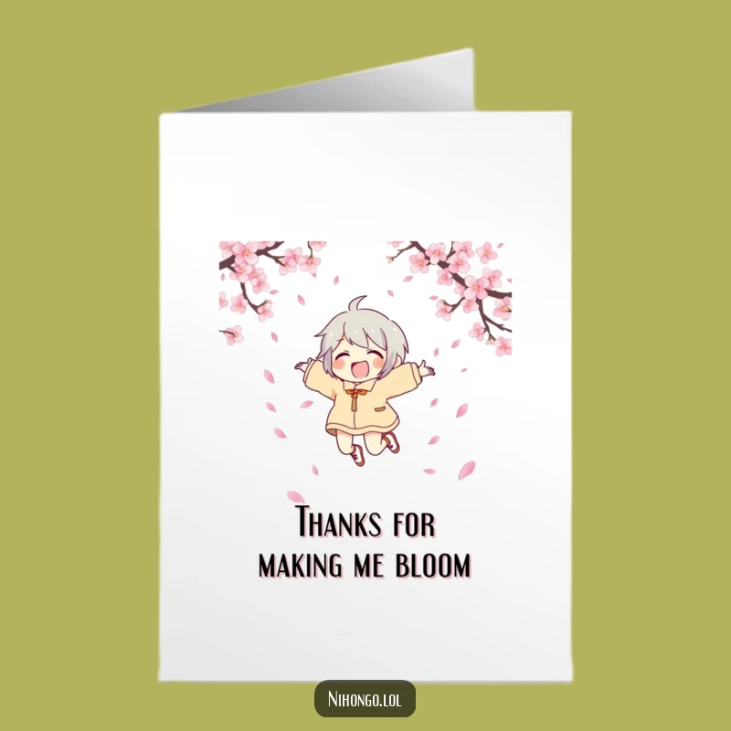 Free Printable Thank You Card: Joyful Character Says Thanks, Cherry Blossom Message