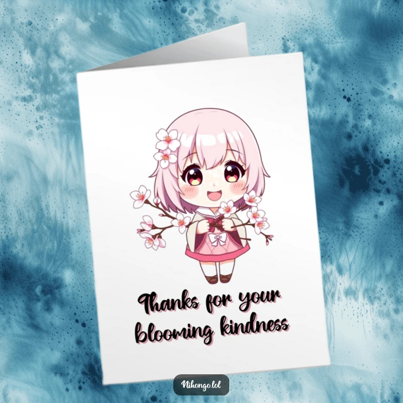 Funny Free Printable Thank You Card showing a smiling character with a cherry blossom branch, perfect for expressing heartfelt gratitude.