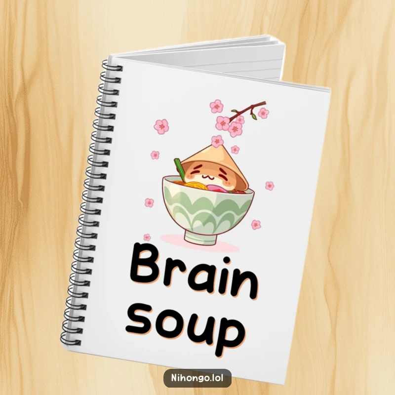 Funny notebook cover with a ramen bowl in a conical hat, attempting to catch falling cherry blossoms, charming and humorous.