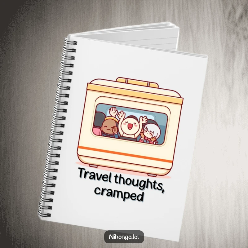 Funny Notebook: A cheerful bento box with small arms waving from a crowded train, designed for capturing humorous thoughts and notes.
