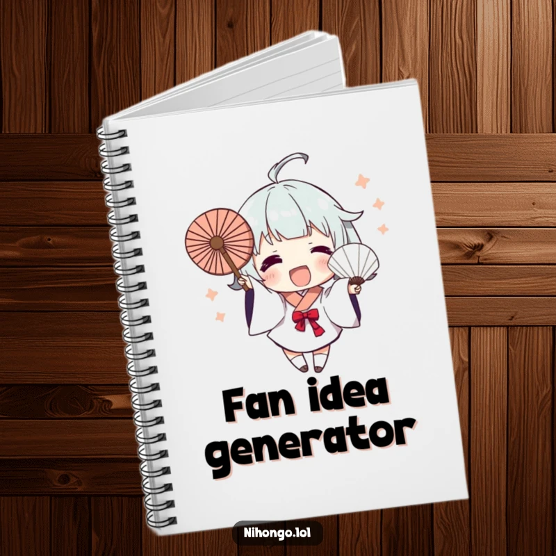 Funny Notebook: A character excitedly waves a fan with dynamic brush strokes, inspiring creative writing and artistic thoughts with its humor.