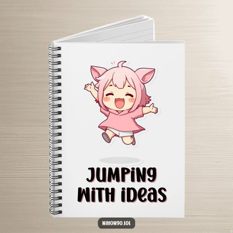 Funny notebook featuring a character in a joyful, energetic jump, inspiring creative writing and note-taking with a sense of freedom.