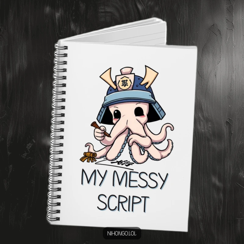 Funny notebook cover: Octopus in a samurai helmet, practicing calligraphy with tentacles, artistic and humorous.