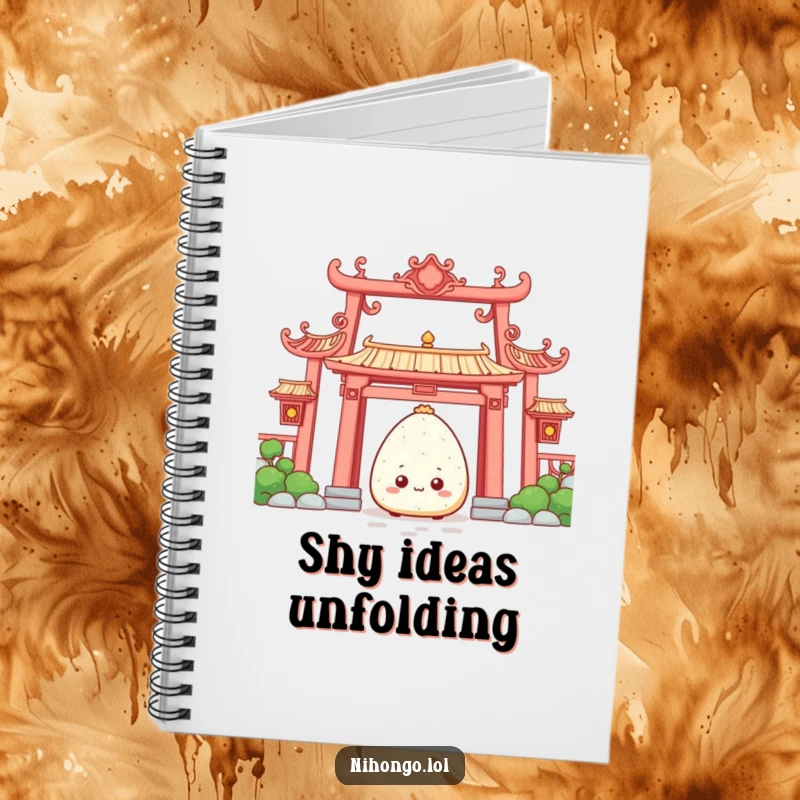 Funny Notebook: A shy onigiri peeking from behind a temple gate, a humorous notebook for capturing thoughts.