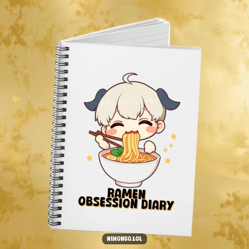 Funny Notebook with a delighted character joyfully eating ramen, perfect for jotting down notes and ideas.