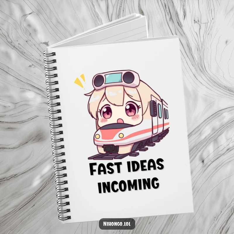 Funny notebook featuring a surprised character with wide eyes reacting to a tiny bullet train, perfect for notes.