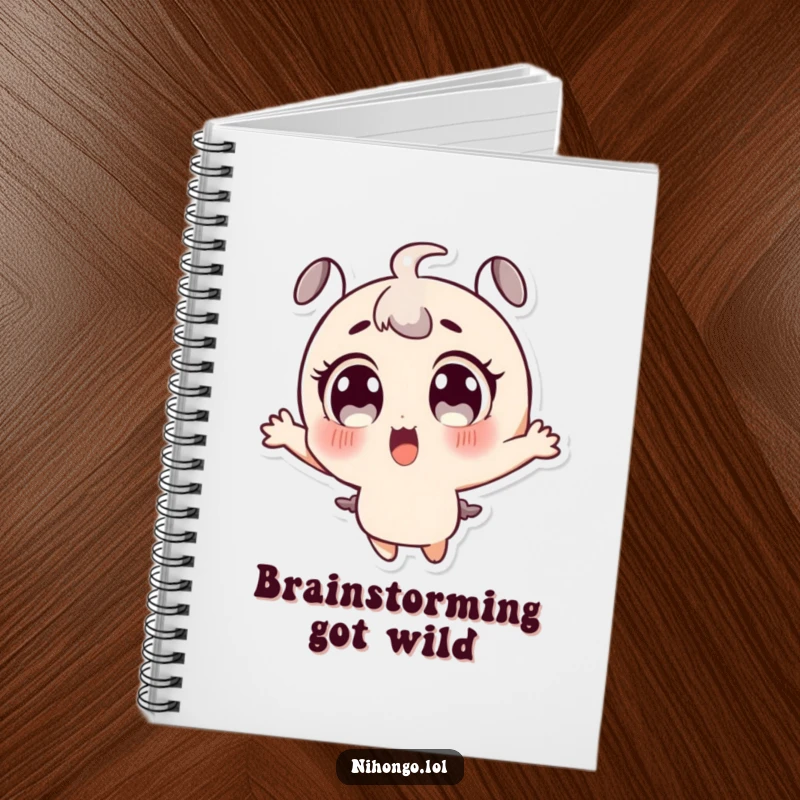 Funny notebook with a surprised character, big expressive eyes, mid-jump of happiness, great for notes and ideas.