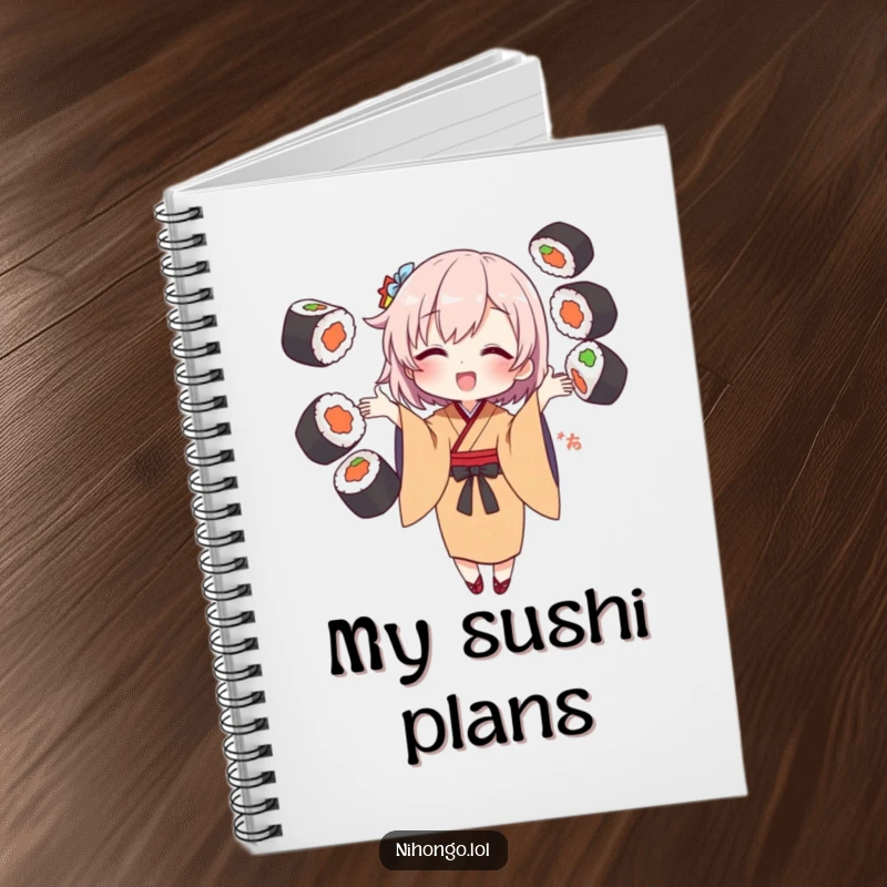 Funny Notebook with a character in a kimono juggling sushi rolls, perfect for jotting down notes and jokes.