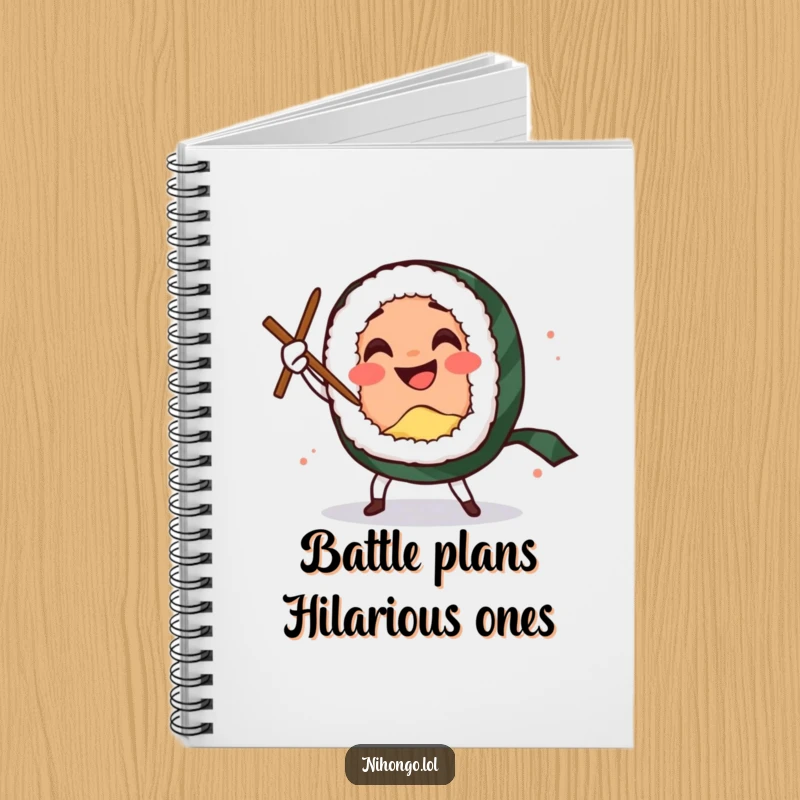 Funny notebook with a smiling sushi roll character doing a comedic sword dance with chopsticks, ready for notes.