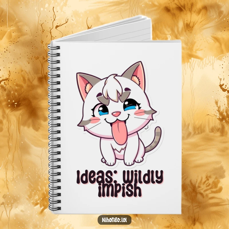 Funny notebook with a mischievous character with cat ears, playfully sticking its tongue out with a smile.