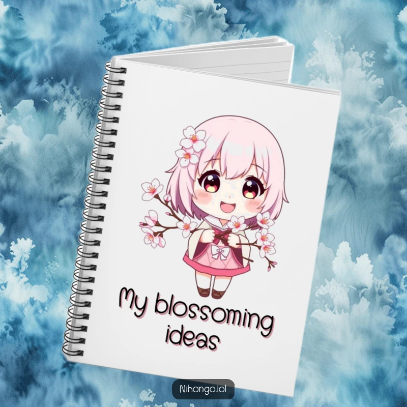 Funny notebook with a smiling character and cherry blossoms, designed for capturing ideas and inspiration.
