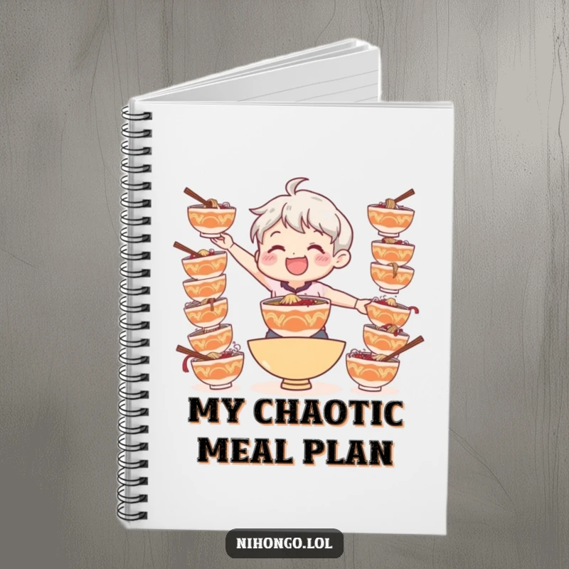 Funny notebook with a smiling character balancing multiple ramen bowls, perfect for jotting down notes.