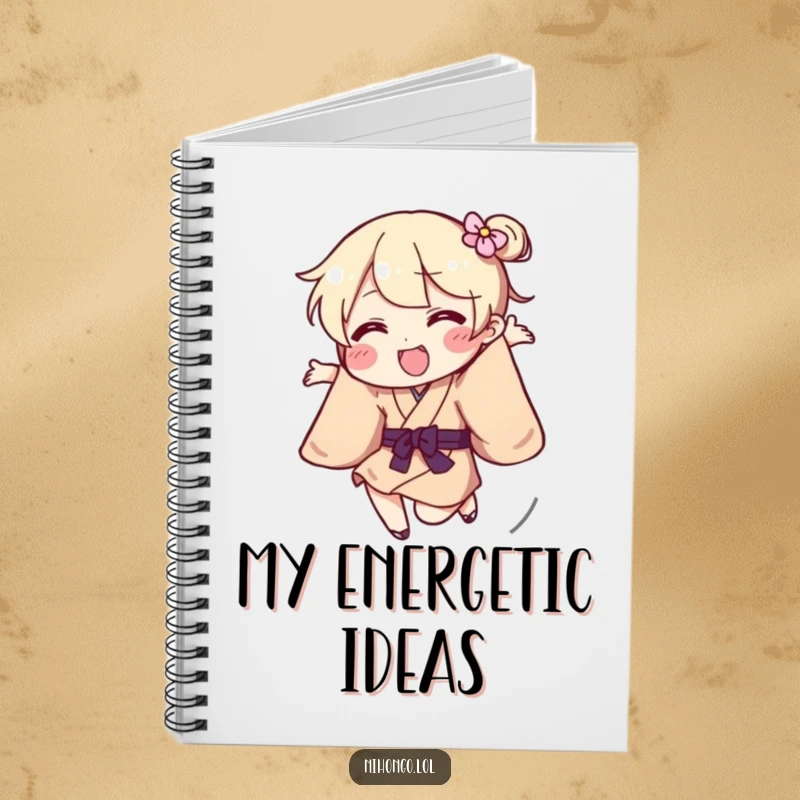 Funny Notebook with a playful character in a kimono jumping energetically, ideal for creative writing.