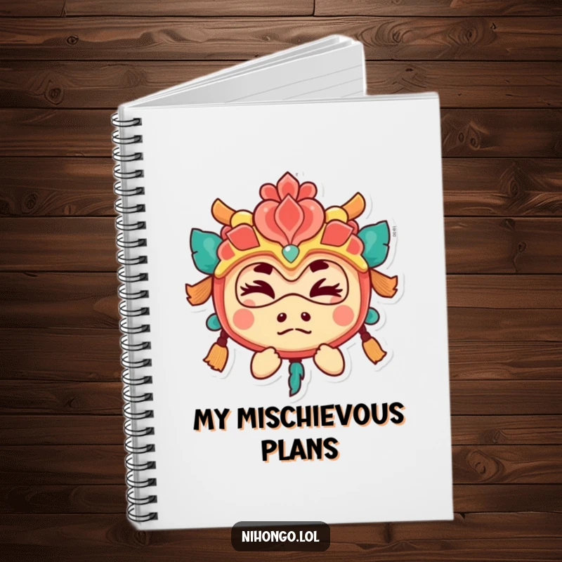 Funny notebook with a playful character behind a festival mask, giving a sly wink, great for notes and doodles.
