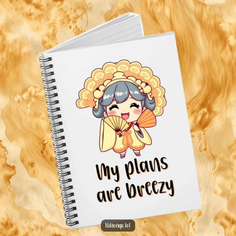 Funny notebook with a happy character waving a large fan, ideal for jotting down funny notes and ideas.