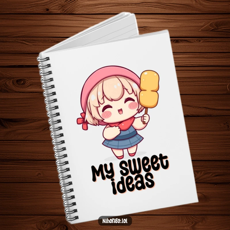 Funny notebook with a delighted character, rosy cheeks, holding a giant dango skewer, great for notes and ideas.