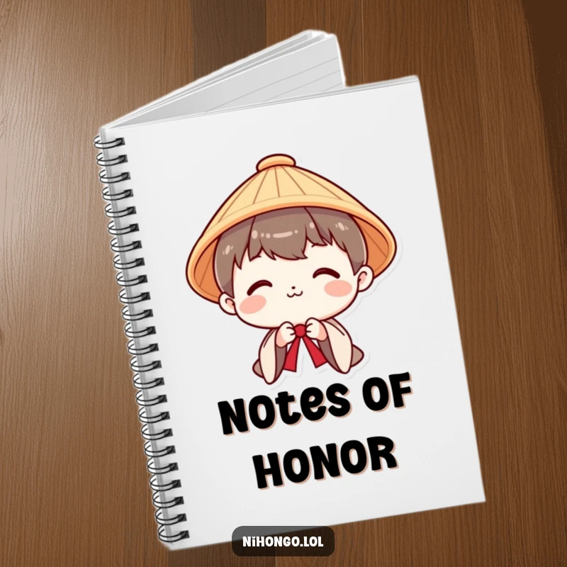 Funny notebook featuring a smiling character in a Japanese hat, bowing politely, perfect for writing notes and ideas.