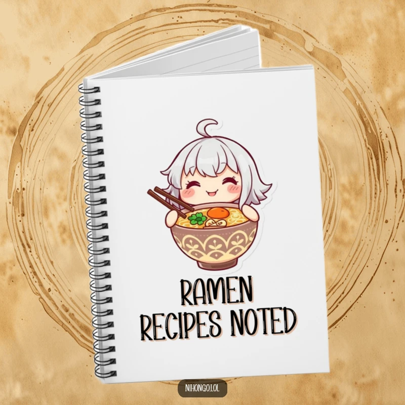 Funny notebook featuring a smiling character holding a steaming bowl of ramen with chopsticks, ideal for food notes.