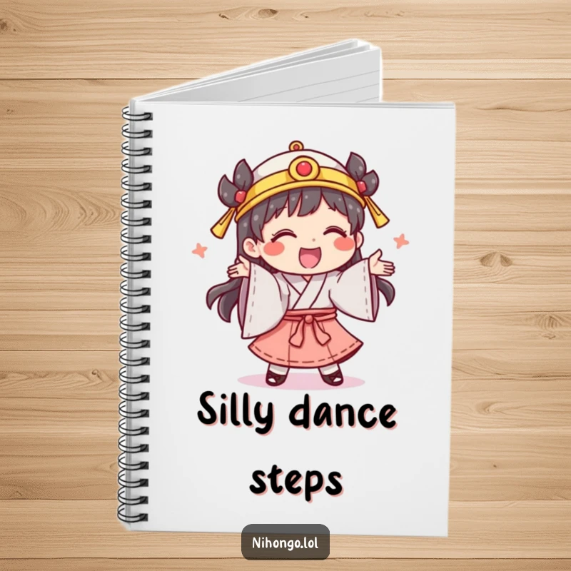 Funny notebook featuring a giggling character in traditional clothing, performing a silly dance, ideal for creative notes.