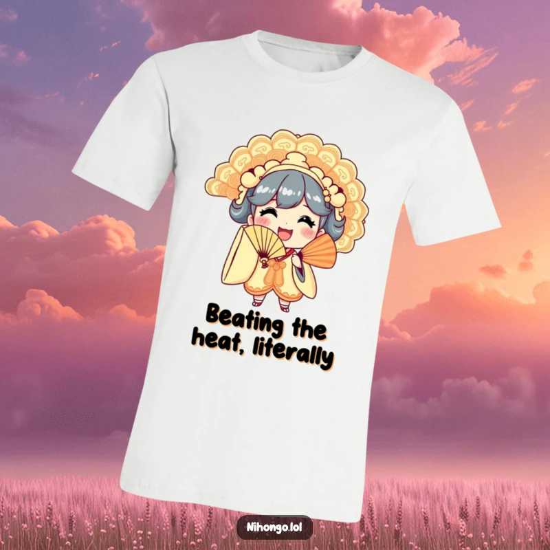 Funny t-shirt featuring a smiling character joyfully waving a large, ornate fan, exuding happiness and fun.